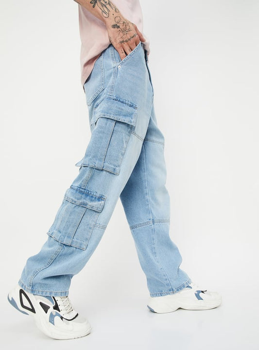 Everyday Casual Men’s Washed Cargo Jeans with Loose-Fit Silhouette and Practical Pockets