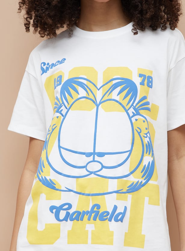 Oversized Cotton T-Shirt with Colorful Garfield Cartoon Print for Men and Women