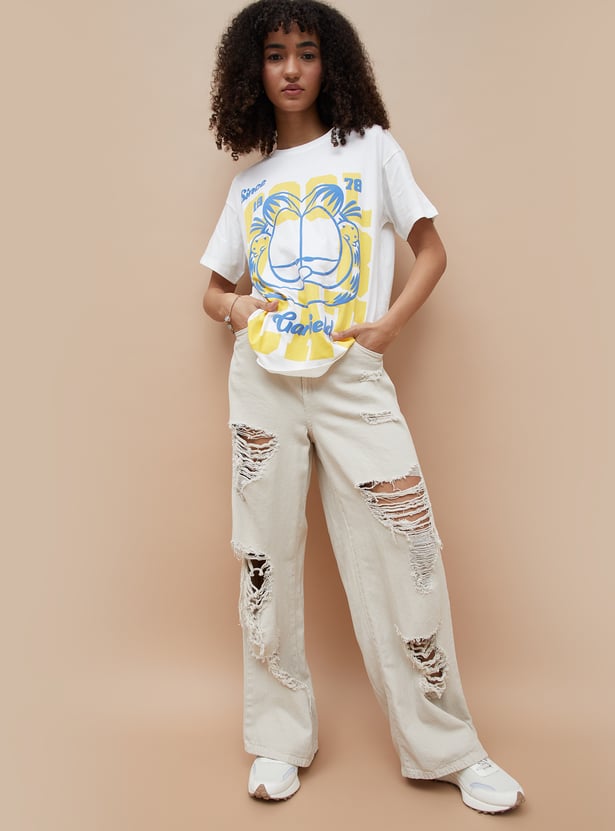 Oversized Cotton T-Shirt with Colorful Garfield Cartoon Print for Men and Women