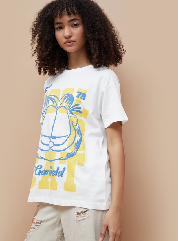 Oversized Cotton T-Shirt with Colorful Garfield Cartoon Print for Men and Women