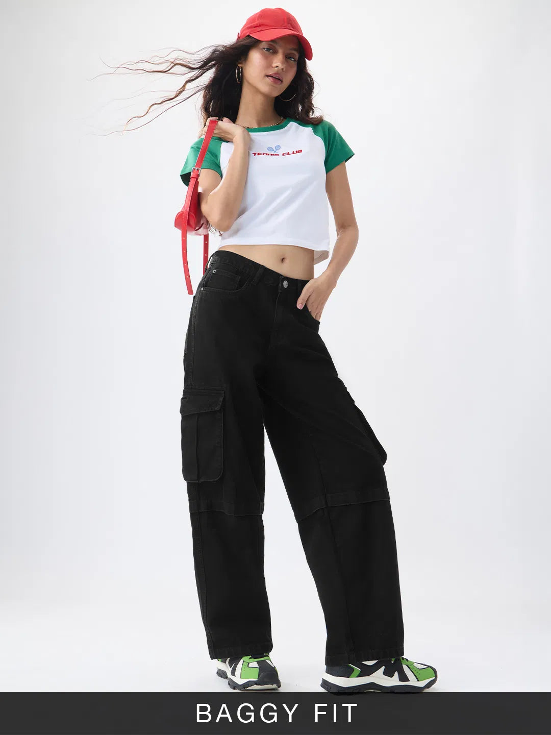 Versatile Opal Black Baggy Cargo Jeans for Women Ideal for Casual, College, and Outdoor Wear