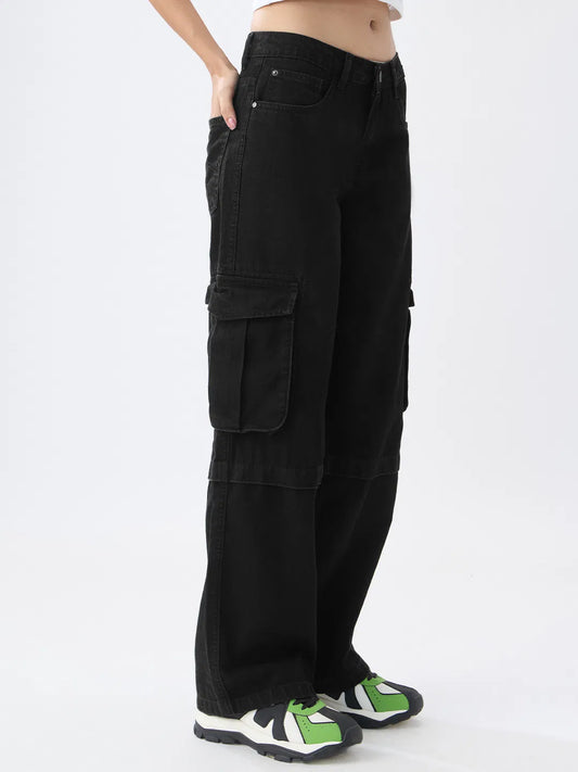 Versatile Opal Black Baggy Cargo Jeans for Women Ideal for Casual, College, and Outdoor Wear