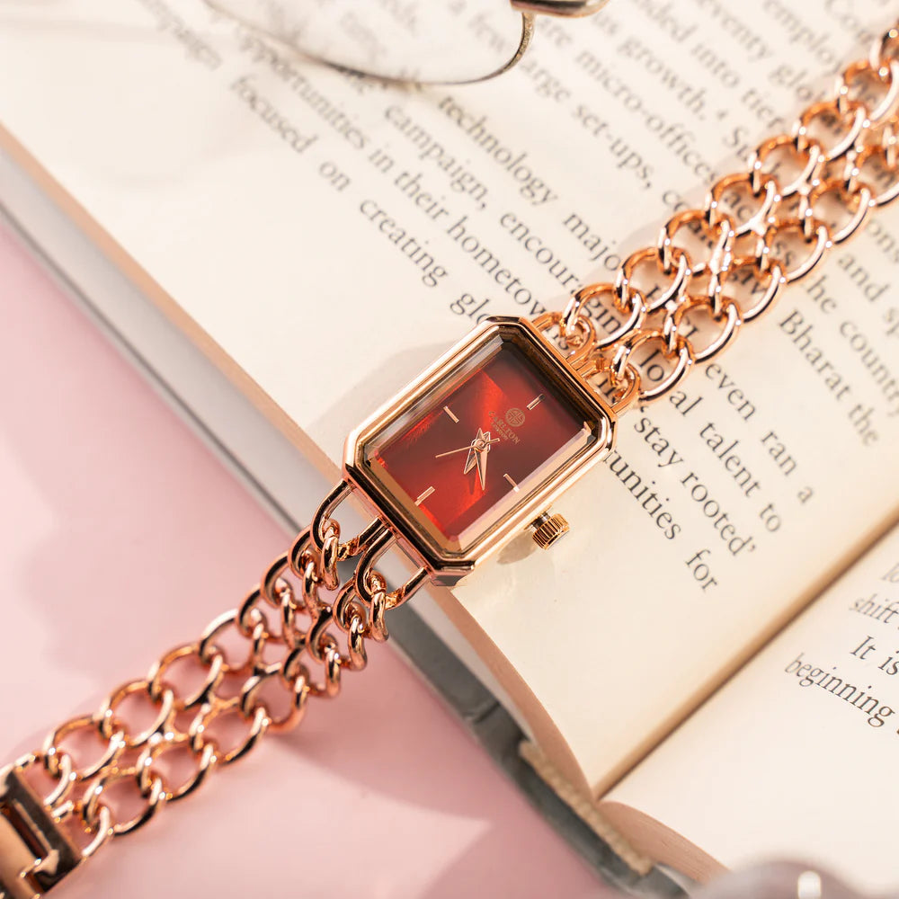 Fashionable Women’s Red Dial Analog Watch Rose Gold Accented Sleek Design