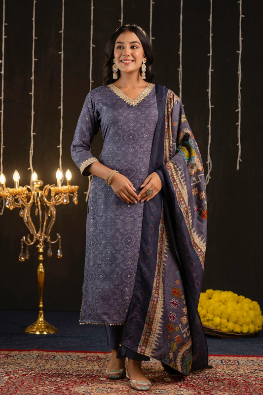 Women Blue Festive Silk Kurta Set with Dupatta for Special Occasions