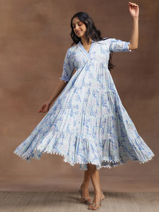 Contemporary Blue Cotton A-Line Dress with Printed Detailing for Women
