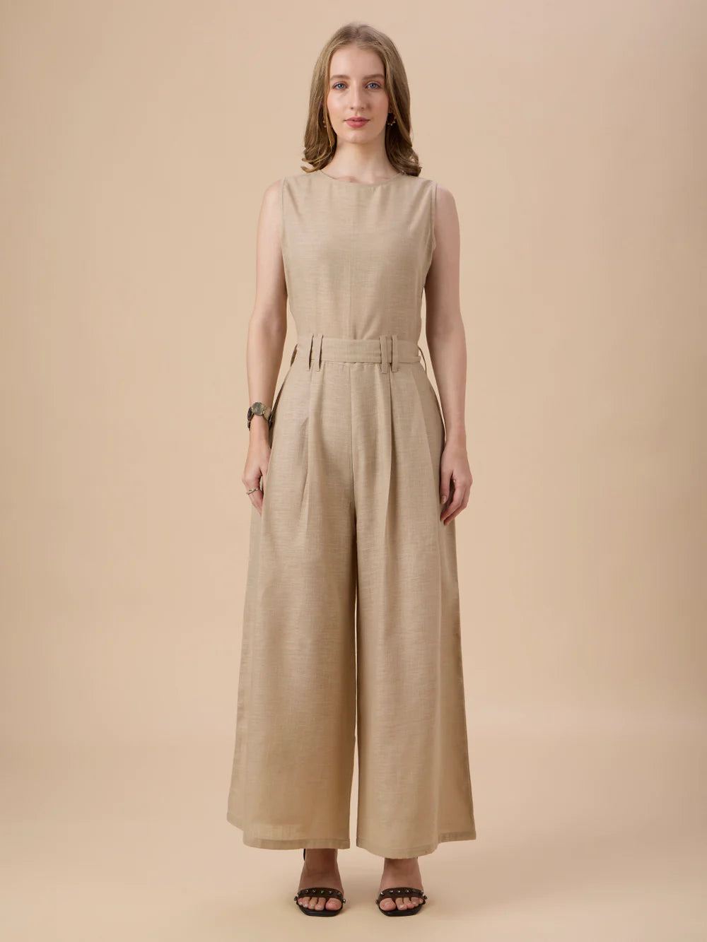 Stylish Women’s Beige Full-Length Jumpsuit with Contemporary Design