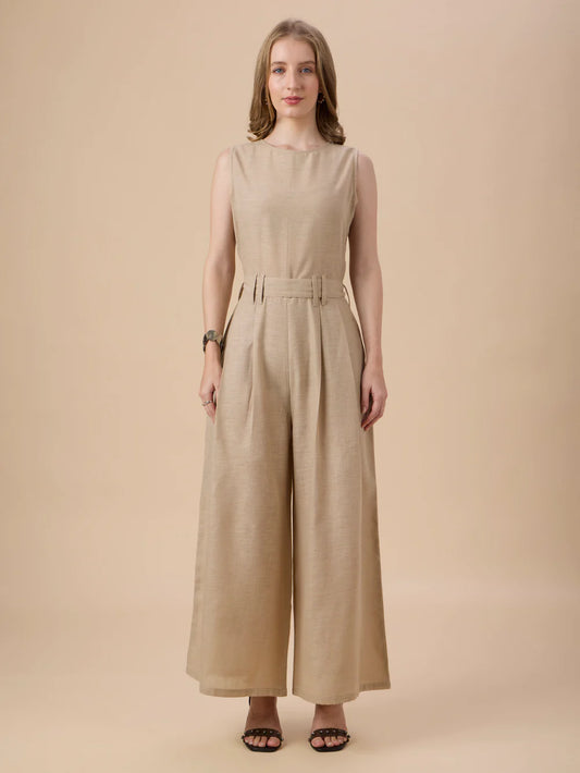 Stylish Women’s Beige Full-Length Jumpsuit with Contemporary Design