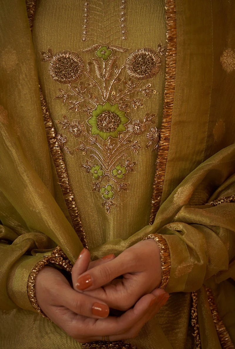 Premium Women’s Green Zardosi Crush Tissue Anarkali Set for Festive and Party Occasions