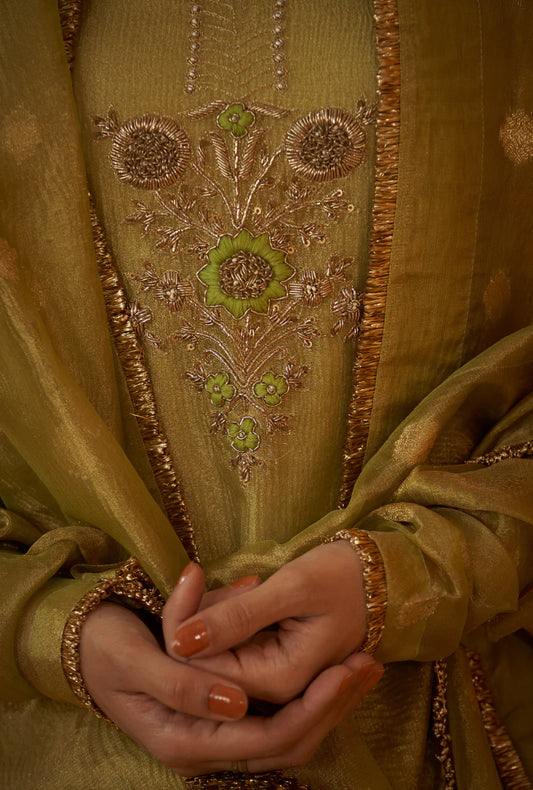 Premium Women’s Green Zardosi Crush Tissue Anarkali Set for Festive and Party Occasions