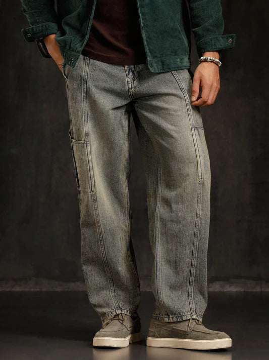 Casual Blue Denim Loose Fit Jeans with Mid-Rise Waist and Slanted Pocket Accents