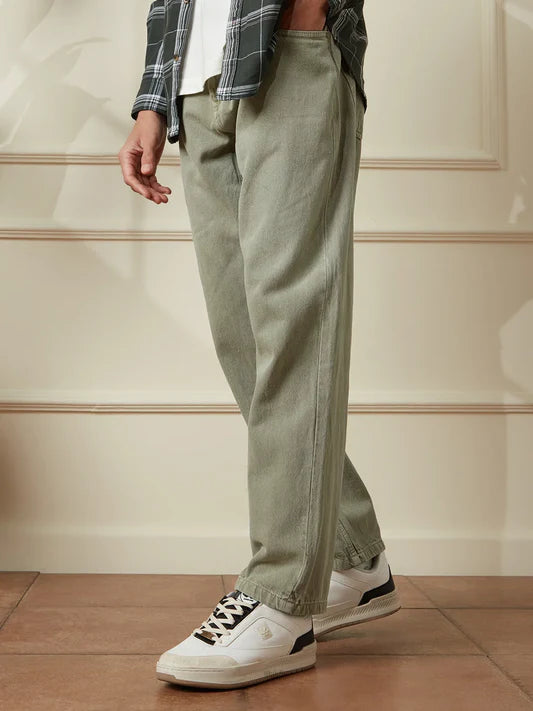 Casual Anti Fit Jeans for Men Green Relaxed Fit Trendy Everyday Outfit