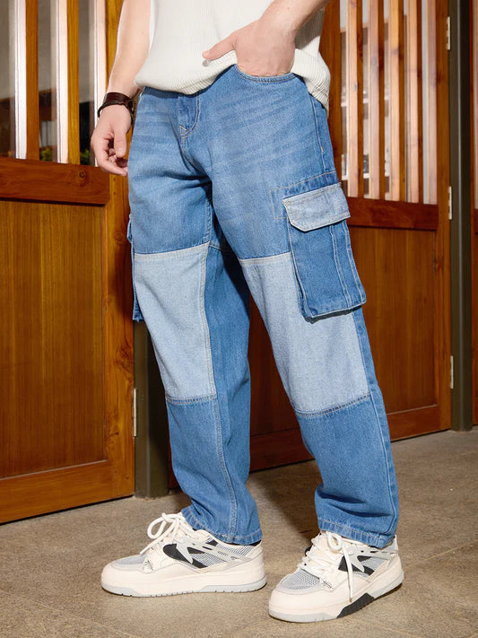 Trendy Blue Denim Cargo Jeans with Eye-Catching Colour-Blocked Design for Men