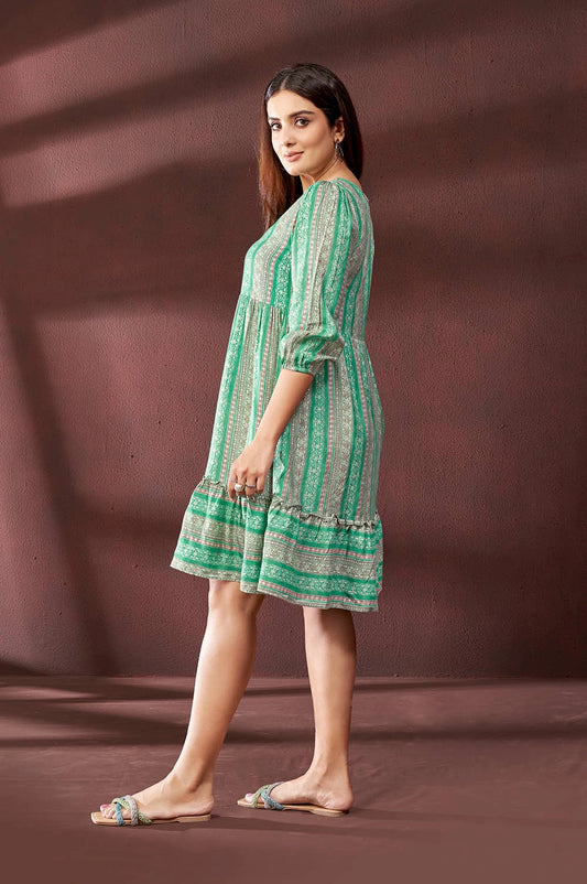 Stylish Women’s Green Dress with All-Over Digital Print for Casual and Party Wear