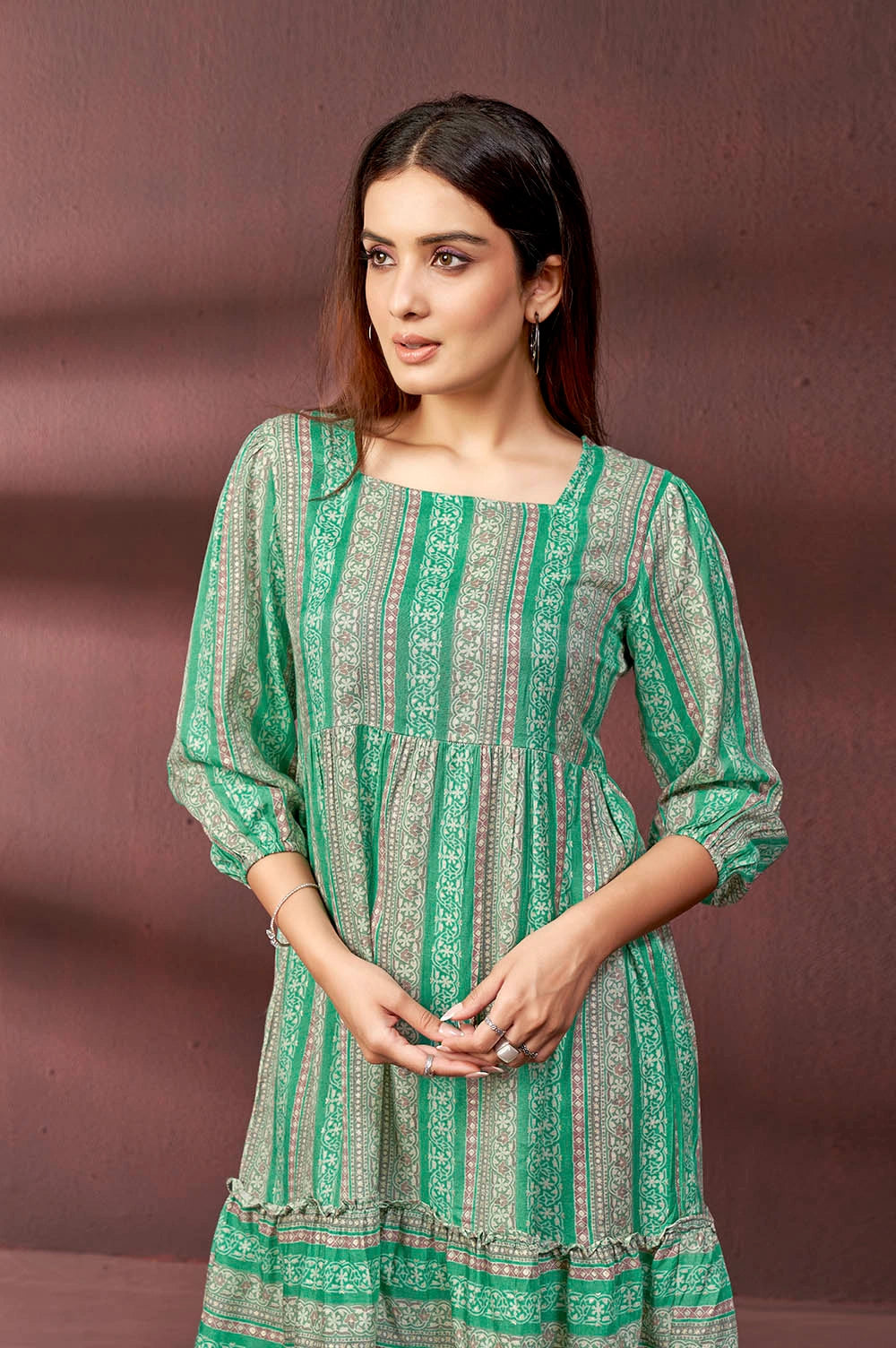 Stylish Women’s Green Dress with All-Over Digital Print for Casual and Party Wear