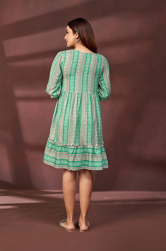 Stylish Women’s Green Dress with All-Over Digital Print for Casual and Party Wear