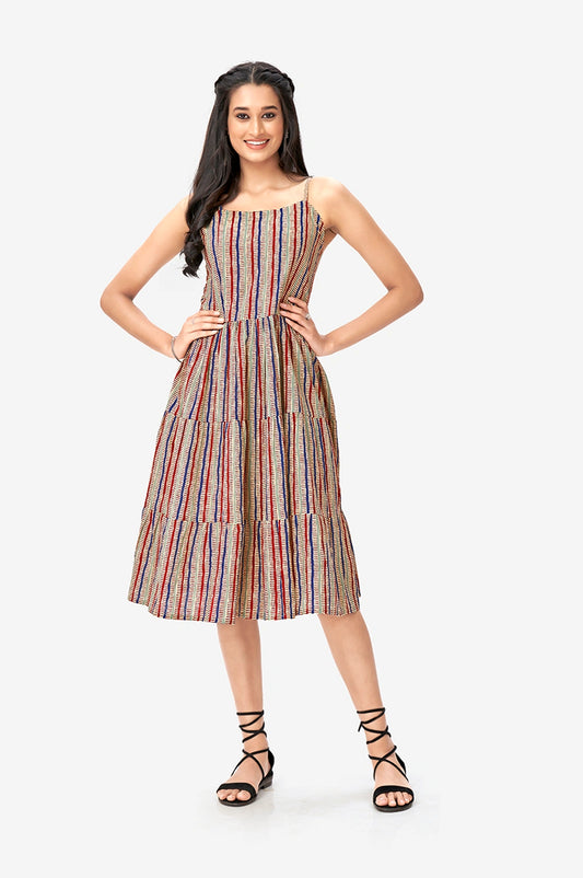 Fashionable Women’s Aztec Print Maxi Dress with Vertical Stripes and Comfortable Fit