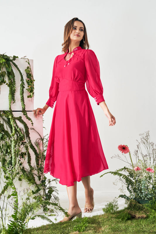 Graceful Women’s Smocked Fit and Flared Dress in Bright Pink with Contemporary Styling