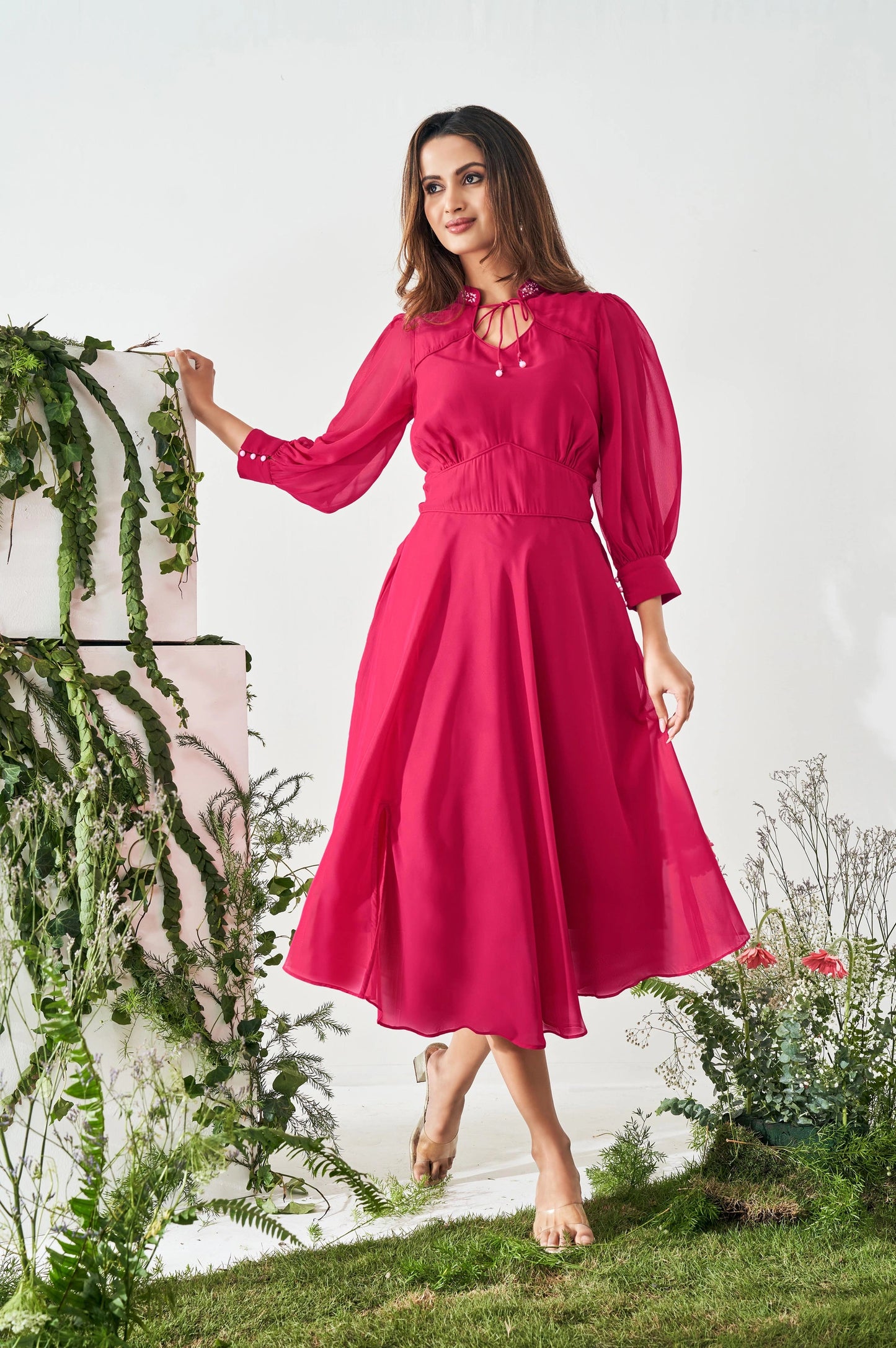 Graceful Women’s Smocked Fit and Flared Dress in Bright Pink with Contemporary Styling