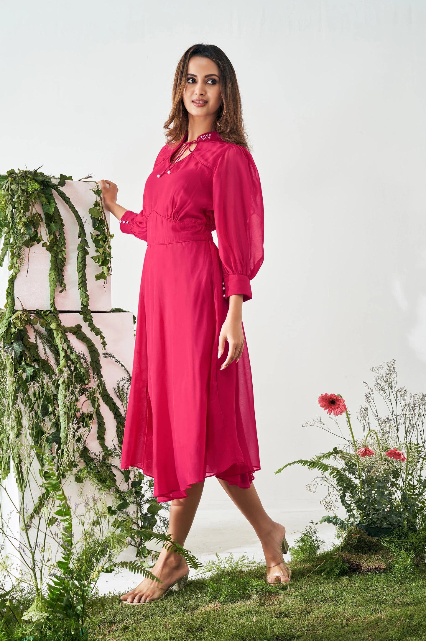 Graceful Women’s Smocked Fit and Flared Dress in Bright Pink with Contemporary Styling