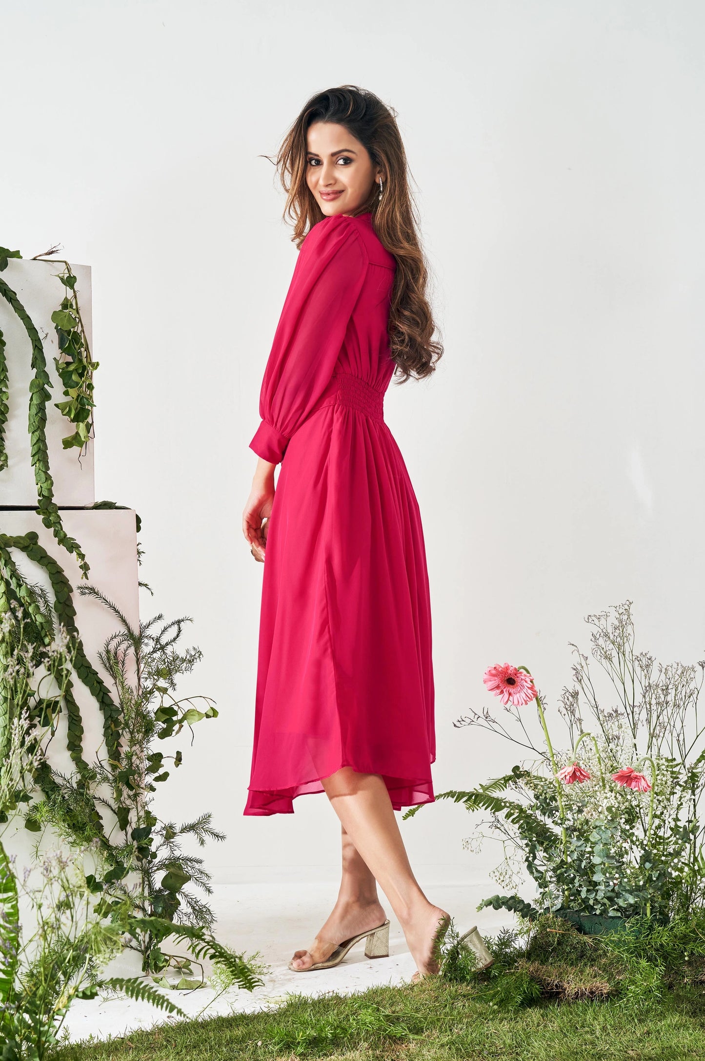 Graceful Women’s Smocked Fit and Flared Dress in Bright Pink with Contemporary Styling