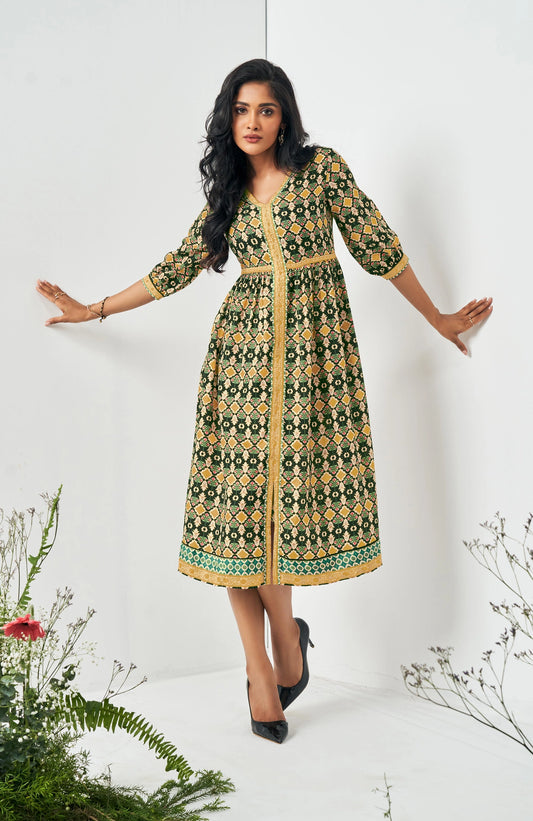 Fashionable Green Muslin Digital Abstract Printed Dress for Women’s Casual and Party Wear