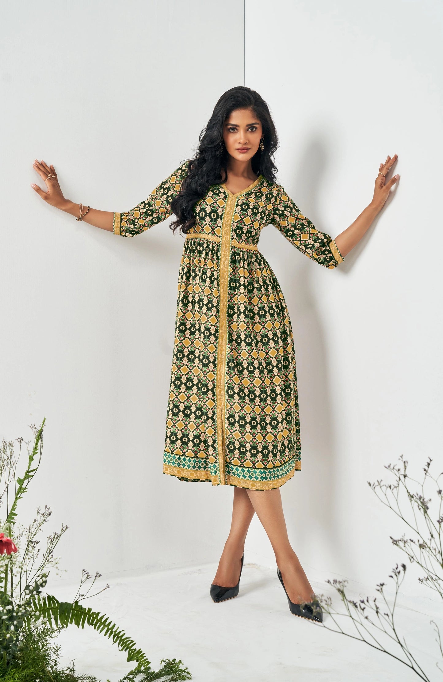 Fashionable Green Muslin Digital Abstract Printed Dress for Women’s Casual and Party Wear