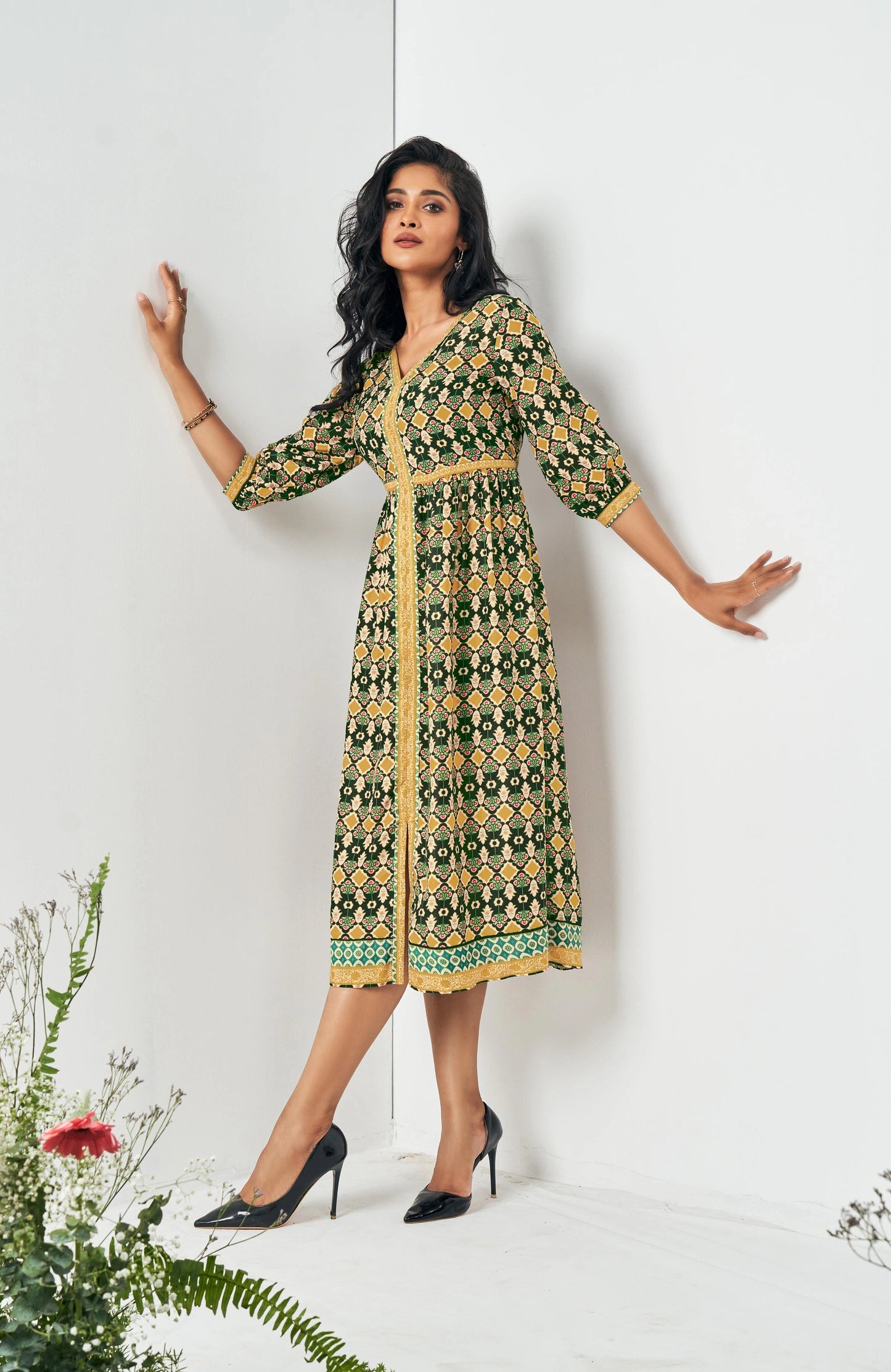 Fashionable Green Muslin Digital Abstract Printed Dress for Women’s Casual and Party Wear