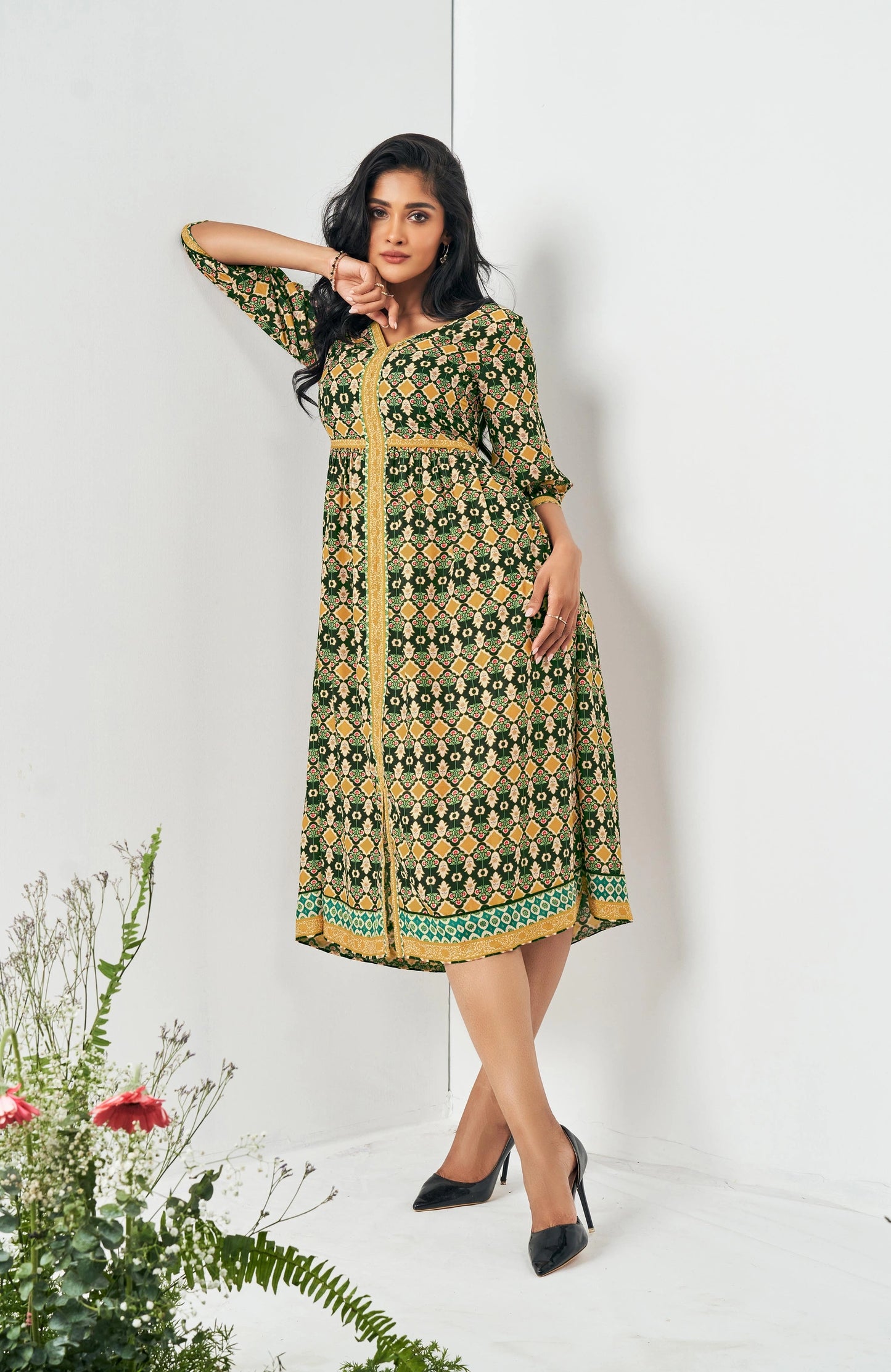 Fashionable Green Muslin Digital Abstract Printed Dress for Women’s Casual and Party Wear