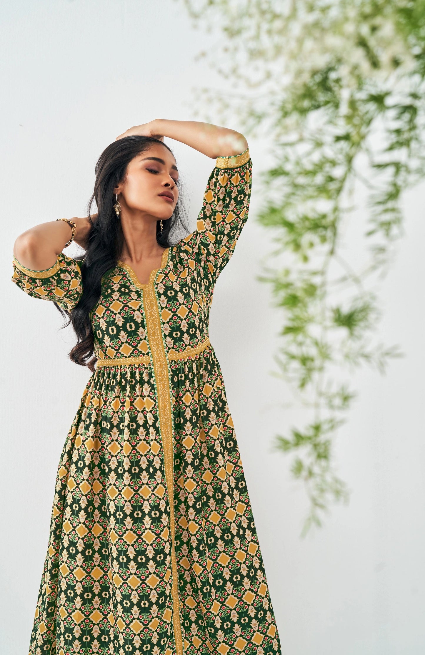 Fashionable Green Muslin Digital Abstract Printed Dress for Women’s Casual and Party Wear