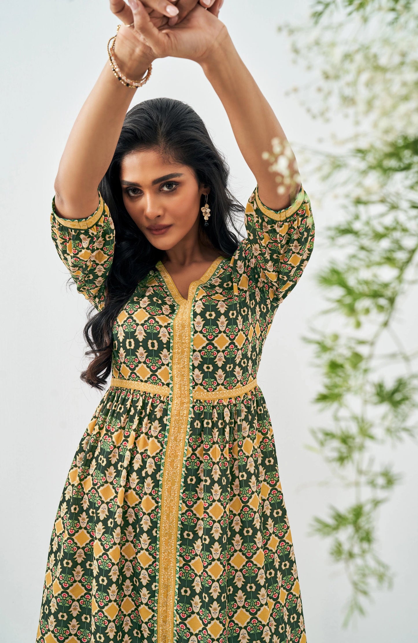 Fashionable Green Muslin Digital Abstract Printed Dress for Women’s Casual and Party Wear