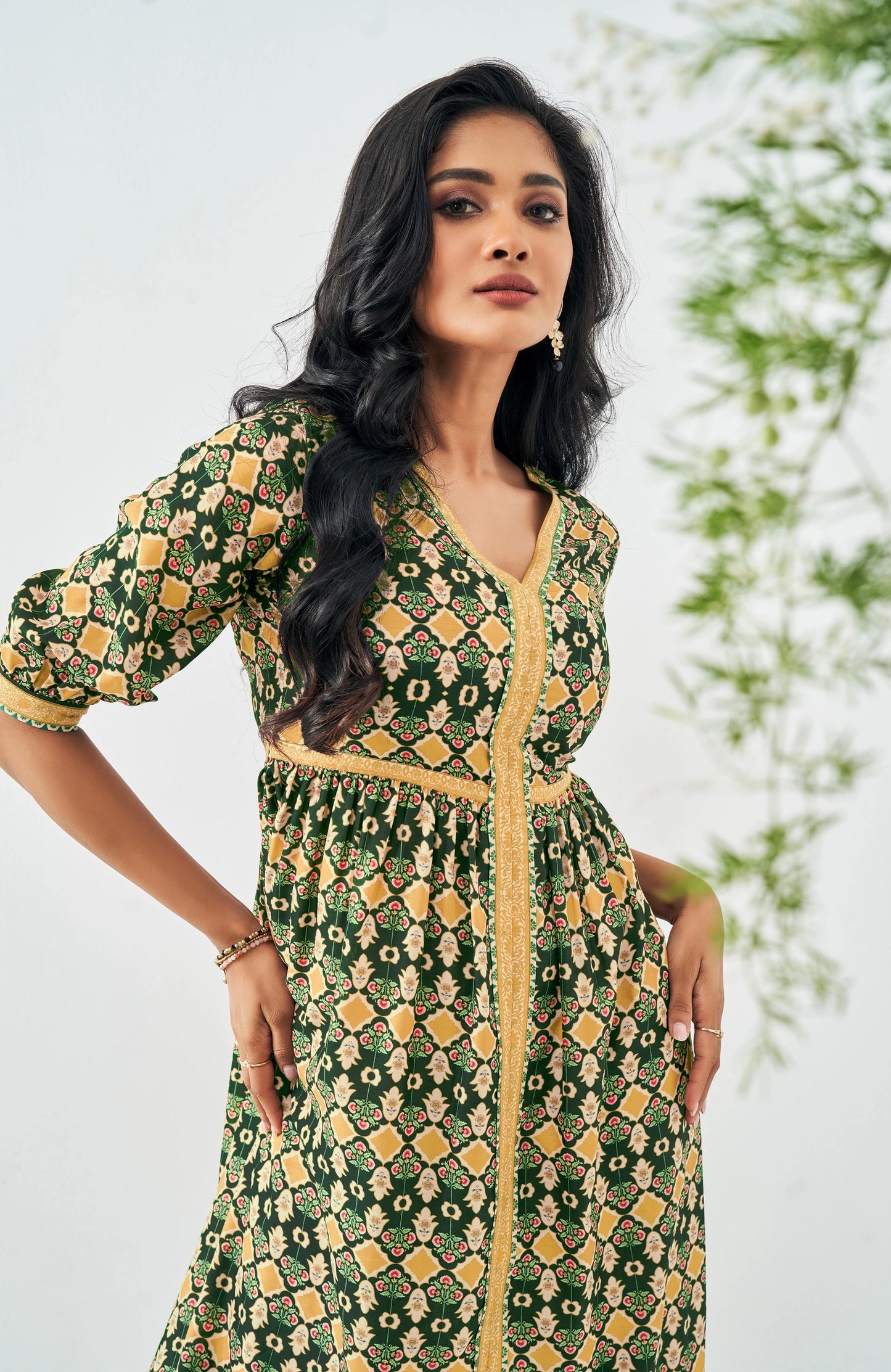 Fashionable Green Muslin Digital Abstract Printed Dress for Women’s Casual and Party Wear