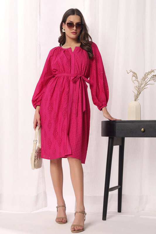 Elegant Bright Pink Mal Cotton Schiffli Dress for Women with Flattering Silhouette