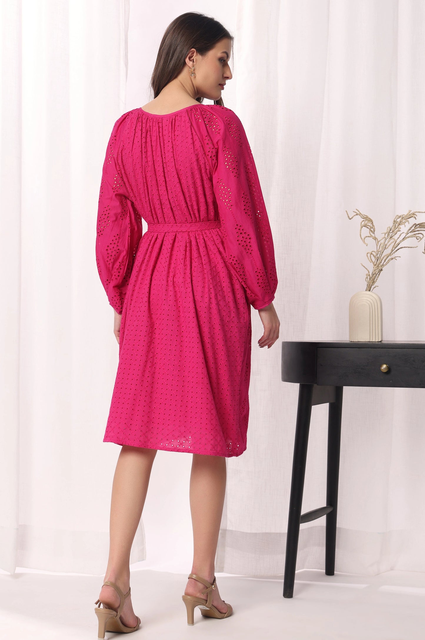 Elegant Bright Pink Mal Cotton Schiffli Dress for Women with Flattering Silhouette