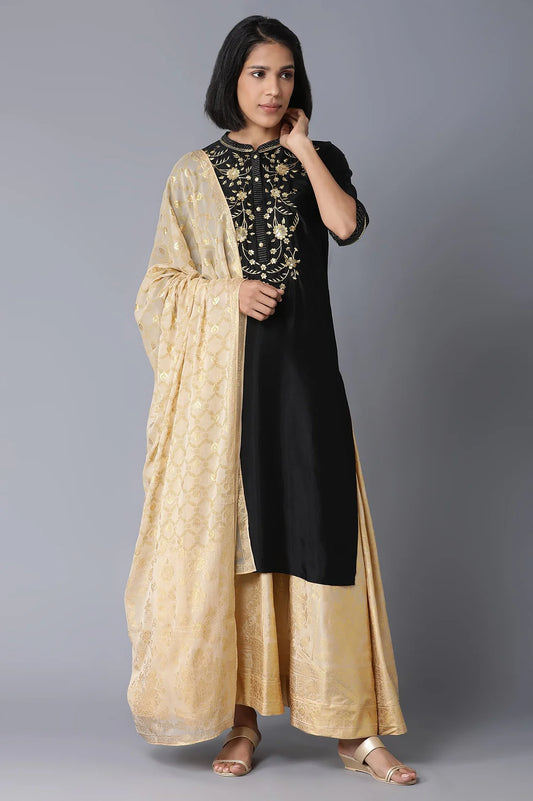 Comfortable Black Straight Kurta with Flared Skirt and Coordinating Dupatta for Traditional Events