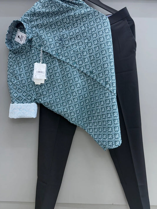 Professional Men’s Sea Green Printed Shirt with Black Pants for Meetings and Events