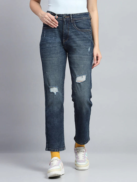 Stylish Women’s Blue Straight Fit Denim Jeans with Mild Distressing for Modern Casual Look