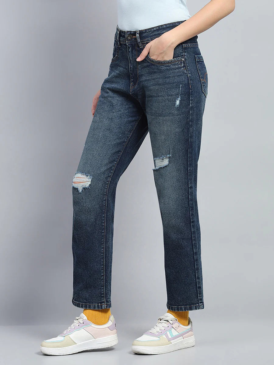 Stylish Women’s Blue Straight Fit Denim Jeans with Mild Distressing for Modern Casual Look