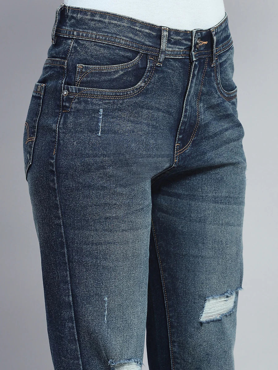 Stylish Women’s Blue Straight Fit Denim Jeans with Mild Distressing for Modern Casual Look