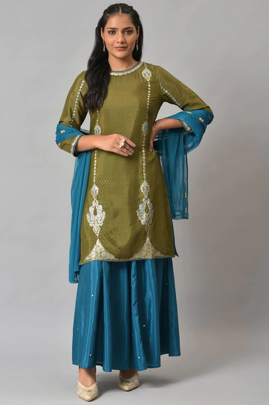 Classic Olive Green Embroidered Kurta with Teal Flared Pants and Dupatta Set for Women’s Traditional Outfits
