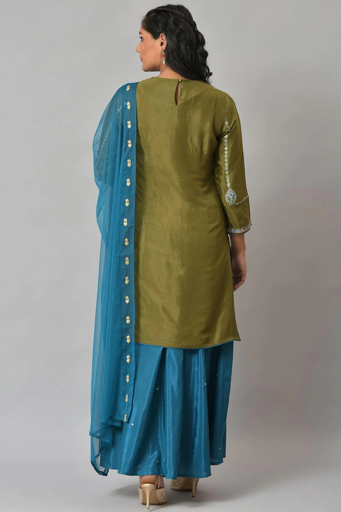 Classic Olive Green Embroidered Kurta with Teal Flared Pants and Dupatta Set for Women’s Traditional Outfits