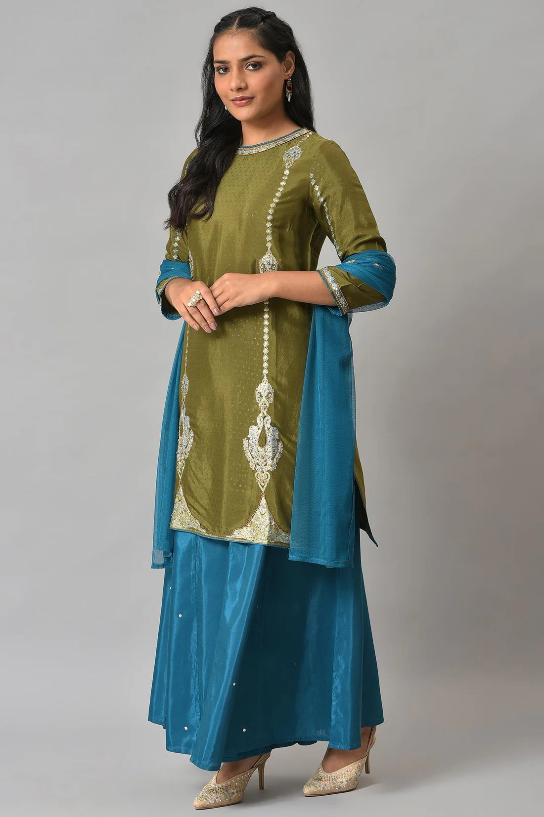 Classic Olive Green Embroidered Kurta with Teal Flared Pants and Dupatta Set for Women’s Traditional Outfits