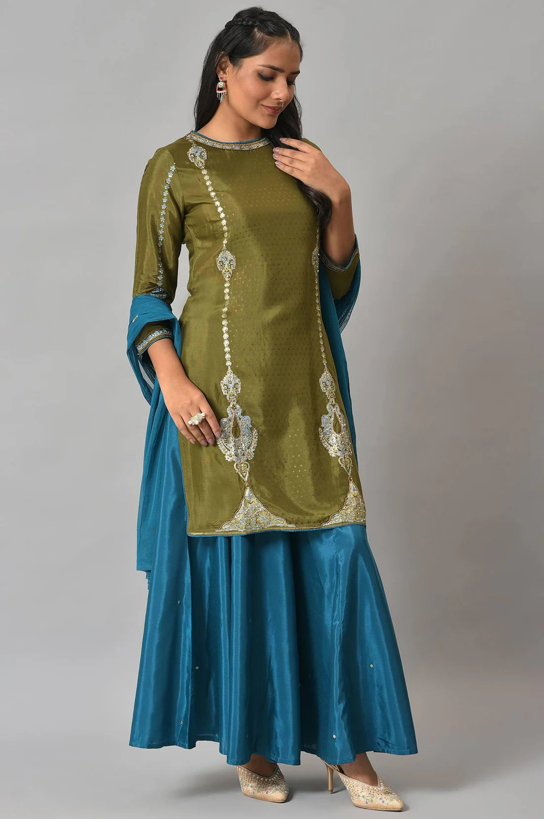 Classic Olive Green Embroidered Kurta with Teal Flared Pants and Dupatta Set for Women’s Traditional Outfits