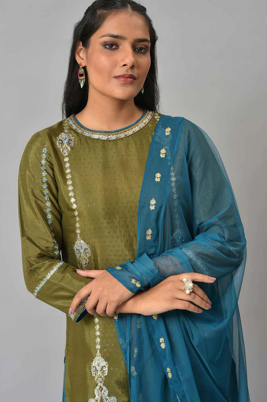 Classic Olive Green Embroidered Kurta with Teal Flared Pants and Dupatta Set for Women’s Traditional Outfits