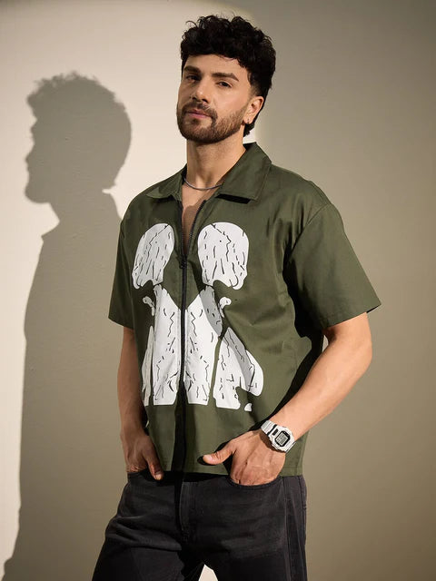 Casual Olive Zipped Shirt for Men Graphic Cracked Body Pattern