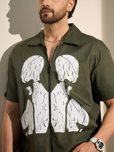 Casual Olive Zipped Shirt for Men Graphic Cracked Body Pattern