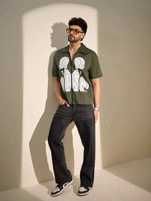 Casual Olive Zipped Shirt for Men Graphic Cracked Body Pattern