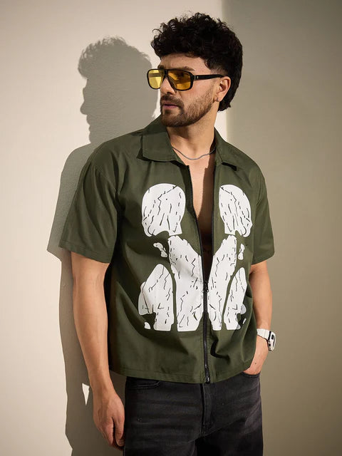 Casual Olive Zipped Shirt for Men Graphic Cracked Body Pattern