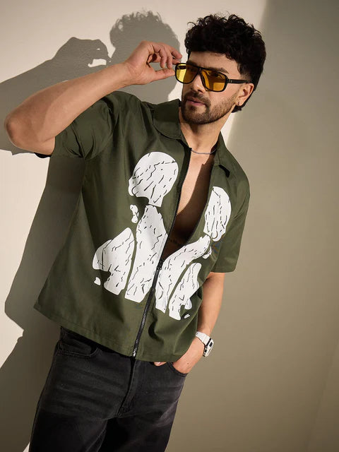 Casual Olive Zipped Shirt for Men Graphic Cracked Body Pattern