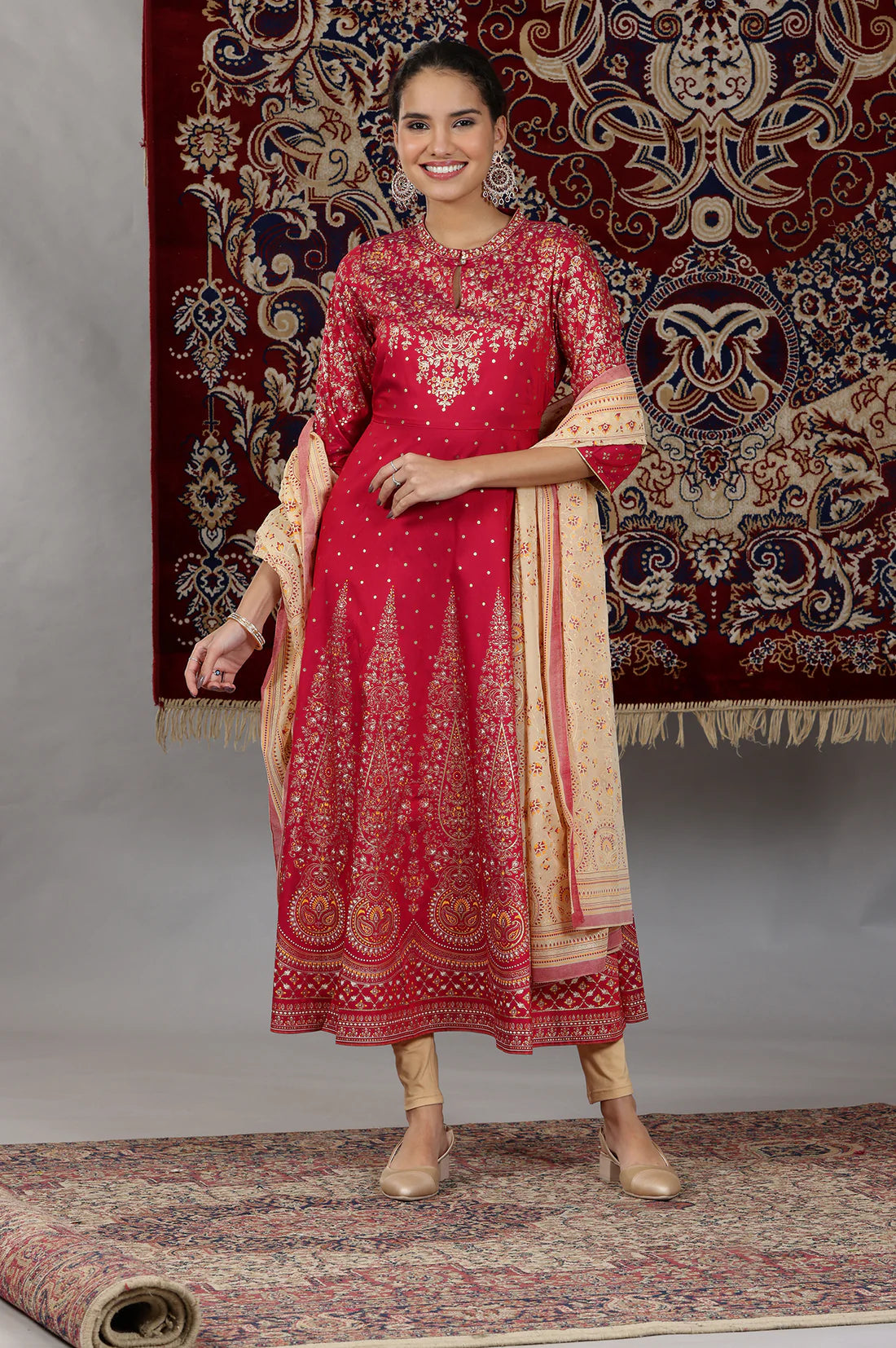 Stylish Pink Flared Kurta Set with Printed Design, Embellished Neck Detailing, Matching Tights, and Dupatta for Special Occasions