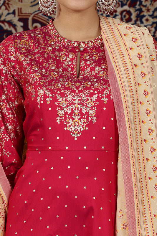 Stylish Pink Flared Kurta Set with Printed Design, Embellished Neck Detailing, Matching Tights, and Dupatta for Special Occasions